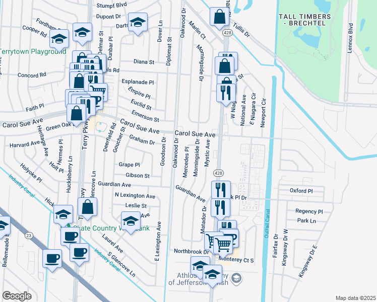 map of restaurants, bars, coffee shops, grocery stores, and more near 729 Mercedes Place in Gretna