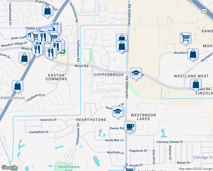 map of restaurants, bars, coffee shops, grocery stores, and more near 8318 Greys Lane in Houston