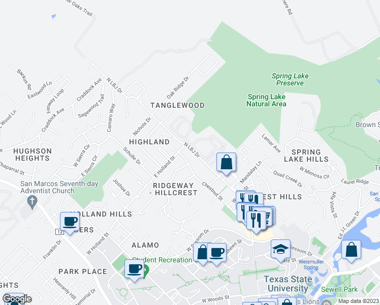 map of restaurants, bars, coffee shops, grocery stores, and more near 1255 North LBJ Drive in San Marcos