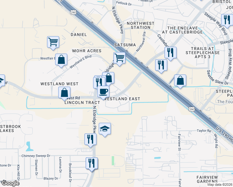 map of restaurants, bars, coffee shops, grocery stores, and more near 13330 West Road in Houston