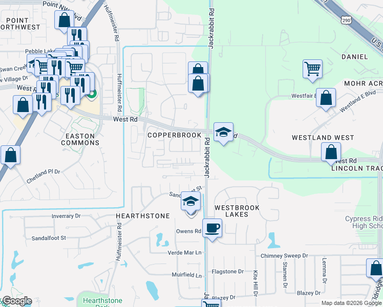 map of restaurants, bars, coffee shops, grocery stores, and more near 14539 Roaring Fork Lane in Houston