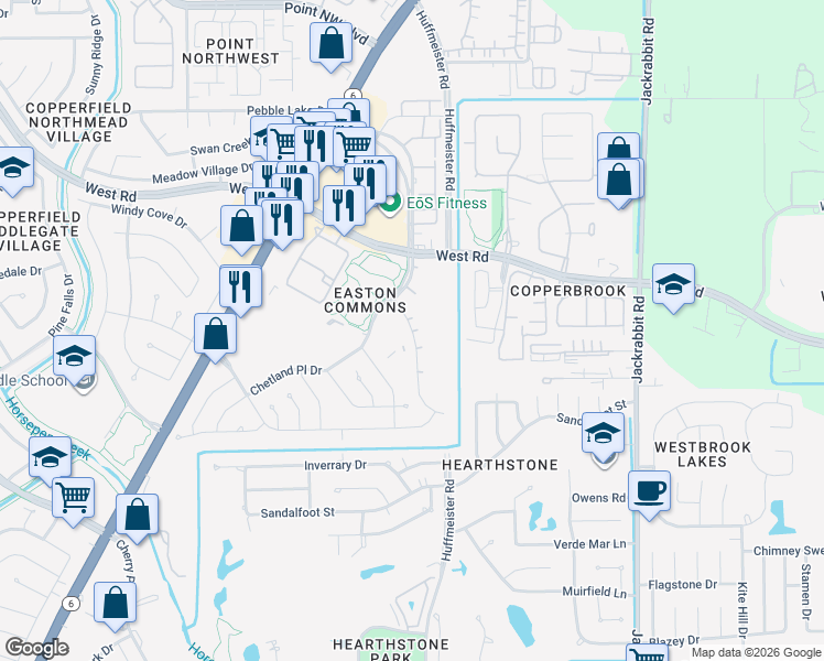 map of restaurants, bars, coffee shops, grocery stores, and more near 8255 Sunbury Lane in Houston