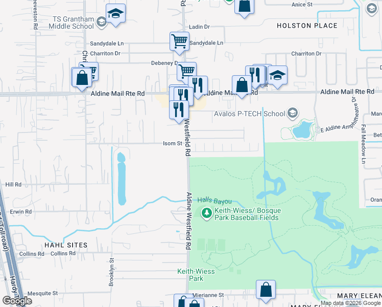 map of restaurants, bars, coffee shops, grocery stores, and more near 101 Bayou Forest Vil in Houston