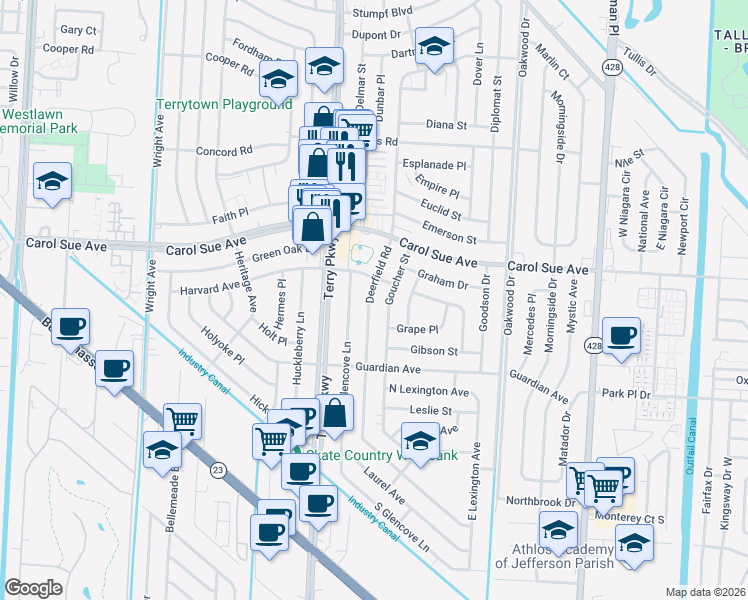 map of restaurants, bars, coffee shops, grocery stores, and more near 749 Deerfield Road in Terrytown