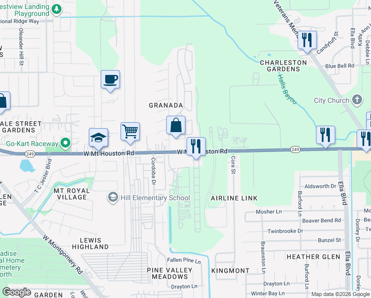 map of restaurants, bars, coffee shops, grocery stores, and more near 2446 West Mount Houston Road in Houston