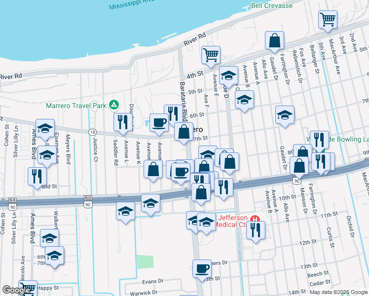map of restaurants, bars, coffee shops, grocery stores, and more near 718 Barataria Boulevard in Marrero