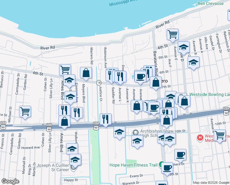 map of restaurants, bars, coffee shops, grocery stores, and more near 443 Saddler Road in Marrero