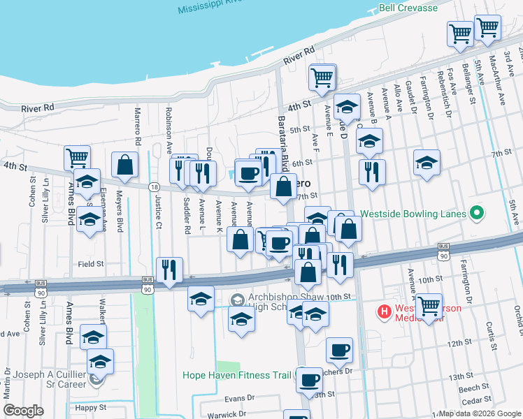 map of restaurants, bars, coffee shops, grocery stores, and more near 420 Avenue H in Marrero