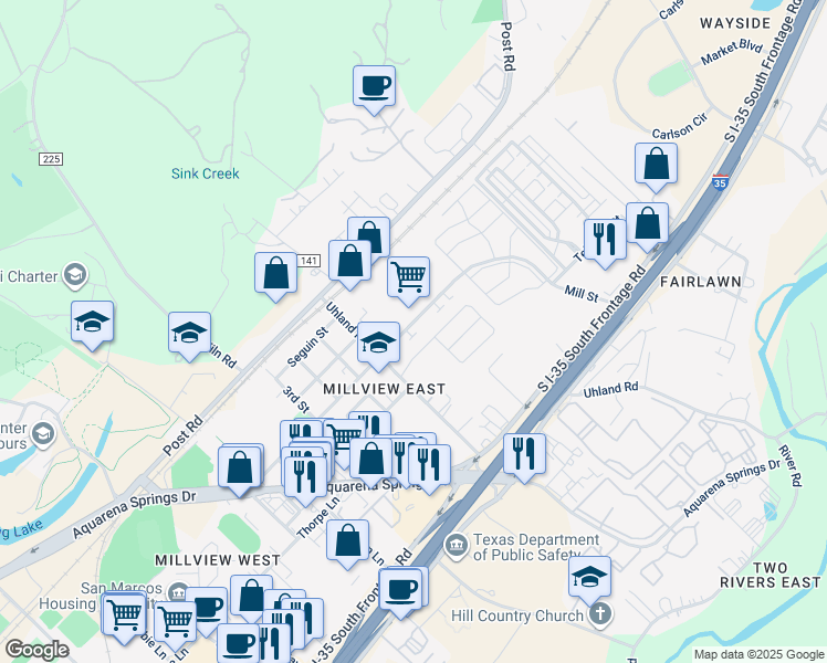 map of restaurants, bars, coffee shops, grocery stores, and more near 620-A/B Mill Street in San Marcos
