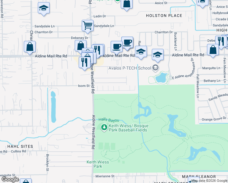 map of restaurants, bars, coffee shops, grocery stores, and more near 84 Bayou Forest Vil in Houston