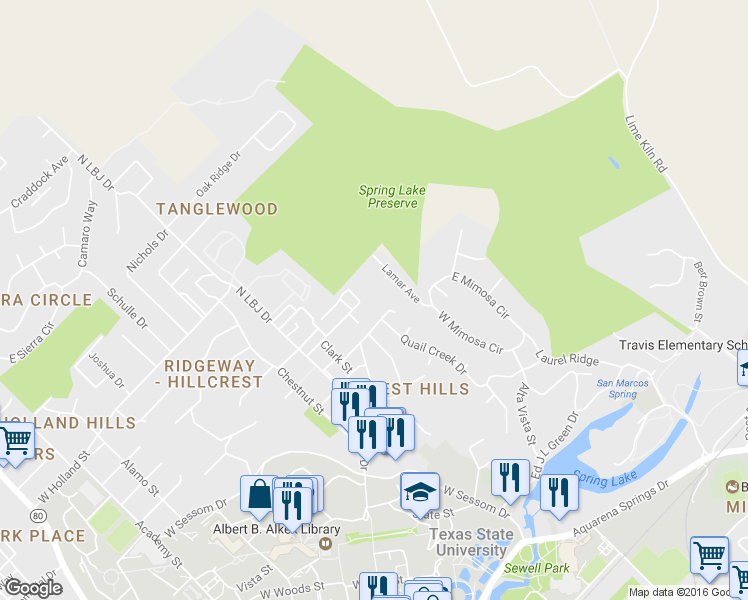 map of restaurants, bars, coffee shops, grocery stores, and more near 320 Lamar Avenue in San Marcos