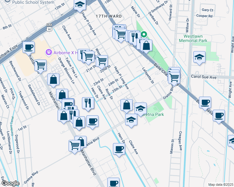 map of restaurants, bars, coffee shops, grocery stores, and more near 10 Gerard Court in Gretna