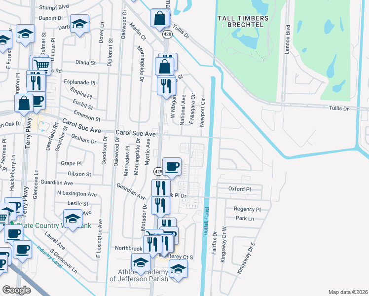 map of restaurants, bars, coffee shops, grocery stores, and more near 720 Carrollwood Village Drive in Gretna
