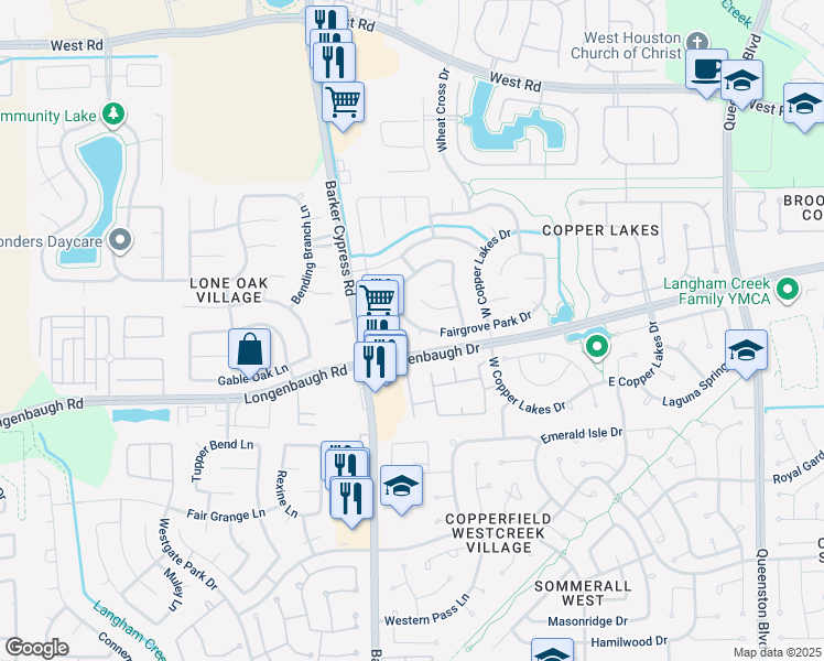 map of restaurants, bars, coffee shops, grocery stores, and more near 8211 Fairgrove Park Court in Houston