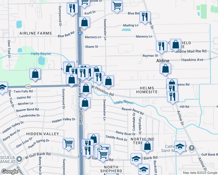 map of restaurants, bars, coffee shops, grocery stores, and more near 414 West Helms Road in Houston