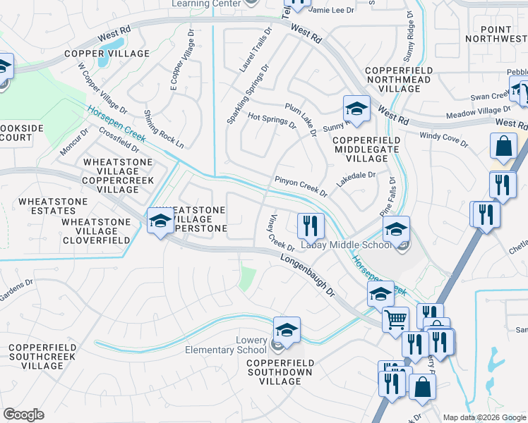 map of restaurants, bars, coffee shops, grocery stores, and more near 7846 Sunny Ridge Drive in Houston