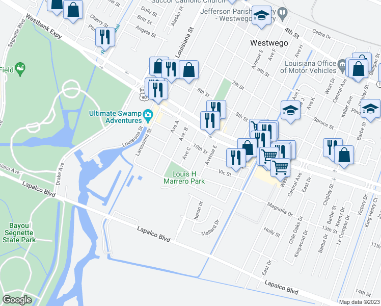 map of restaurants, bars, coffee shops, grocery stores, and more near 1117 Avenue C in Westwego