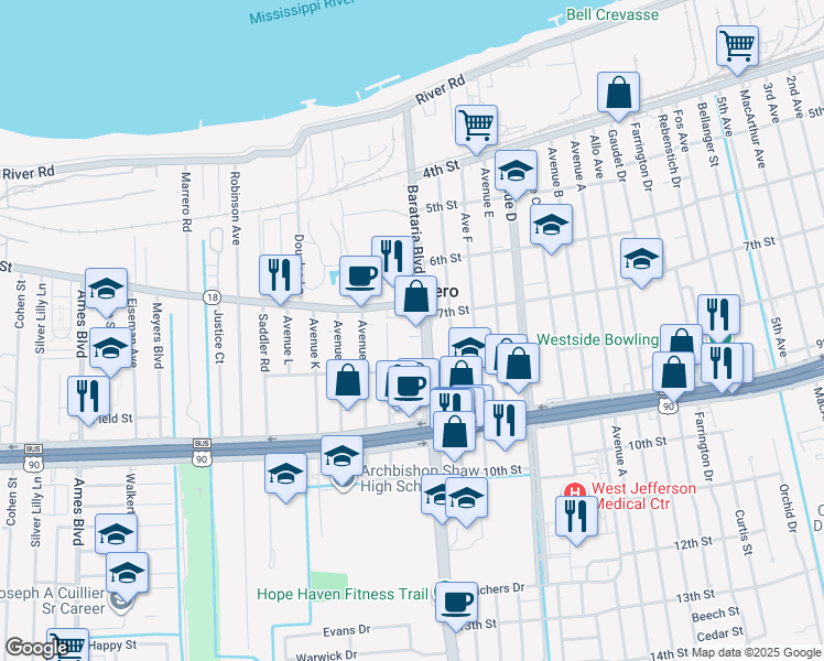 map of restaurants, bars, coffee shops, grocery stores, and more near 718 Barataria Boulevard in Marrero
