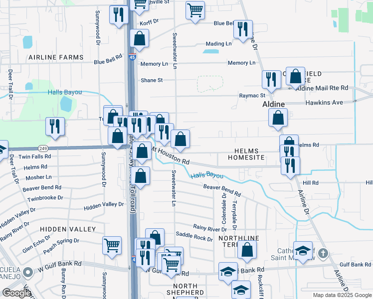 map of restaurants, bars, coffee shops, grocery stores, and more near 414 West Helms Road in Houston