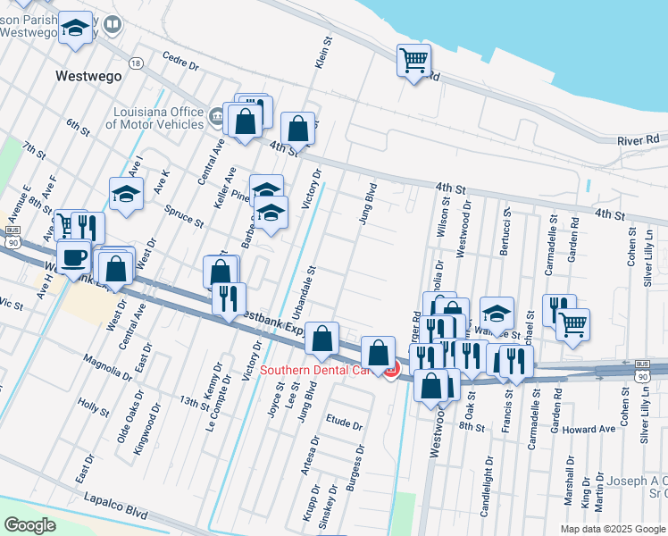 map of restaurants, bars, coffee shops, grocery stores, and more near 7508 Saint Anthony Street in Marrero