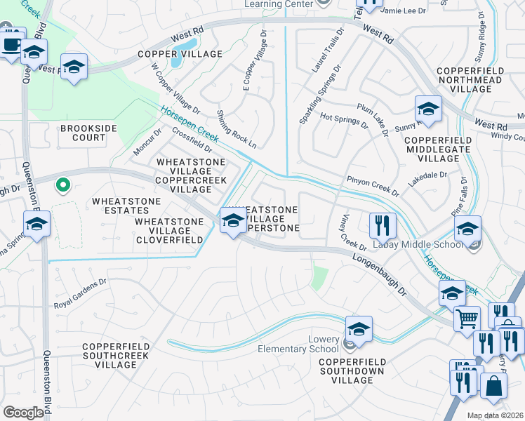 map of restaurants, bars, coffee shops, grocery stores, and more near 16203 Wemyss Bay Road in Houston
