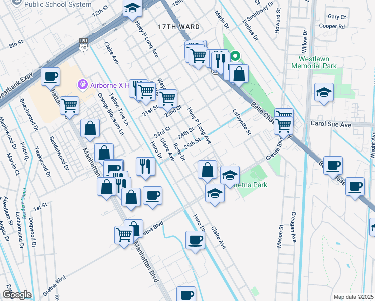 map of restaurants, bars, coffee shops, grocery stores, and more near 10 Gerard Court in Gretna