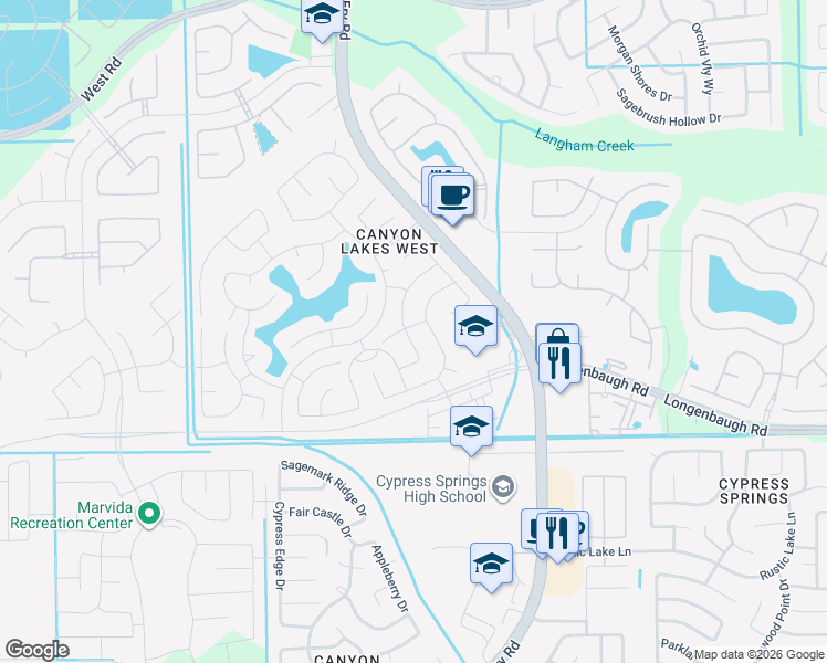 map of restaurants, bars, coffee shops, grocery stores, and more near 20702 Ranch Mill Lane in Cypress