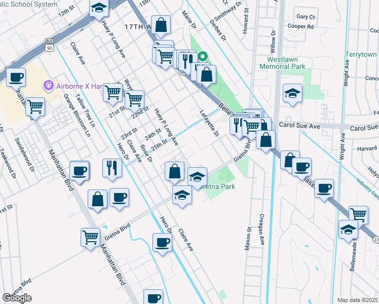 map of restaurants, bars, coffee shops, grocery stores, and more near 712 27th Street in Gretna