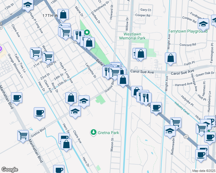 map of restaurants, bars, coffee shops, grocery stores, and more near 2733 Gehring Drive in Gretna
