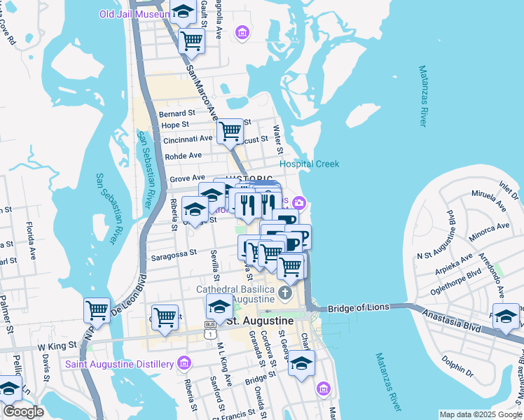 map of restaurants, bars, coffee shops, grocery stores, and more near 40 Orange Street in St. Augustine