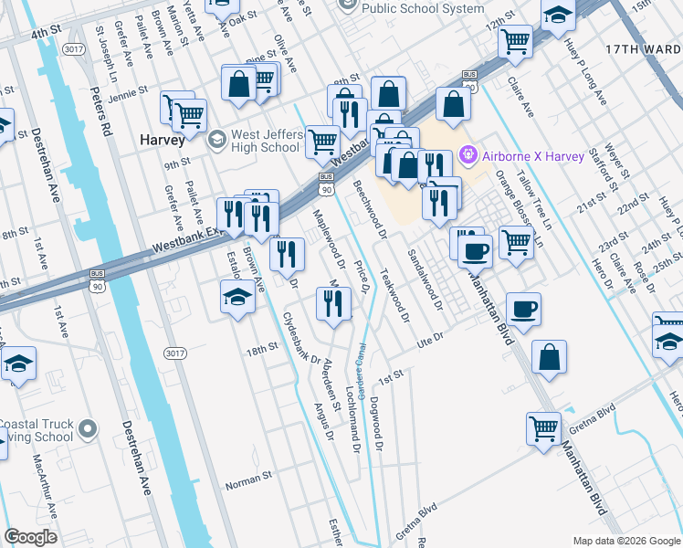 map of restaurants, bars, coffee shops, grocery stores, and more near 1024 Maplewood Drive in Harvey