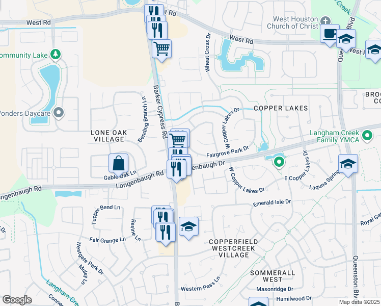 map of restaurants, bars, coffee shops, grocery stores, and more near 8211 Fairgrove Park Court in Houston