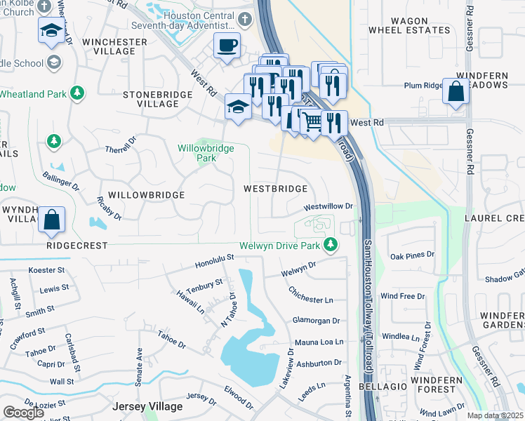 map of restaurants, bars, coffee shops, grocery stores, and more near 8634 Westcove Circle in Houston