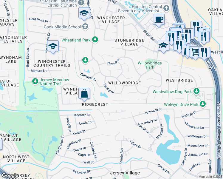 map of restaurants, bars, coffee shops, grocery stores, and more near 9726 Ricaby Drive in Houston