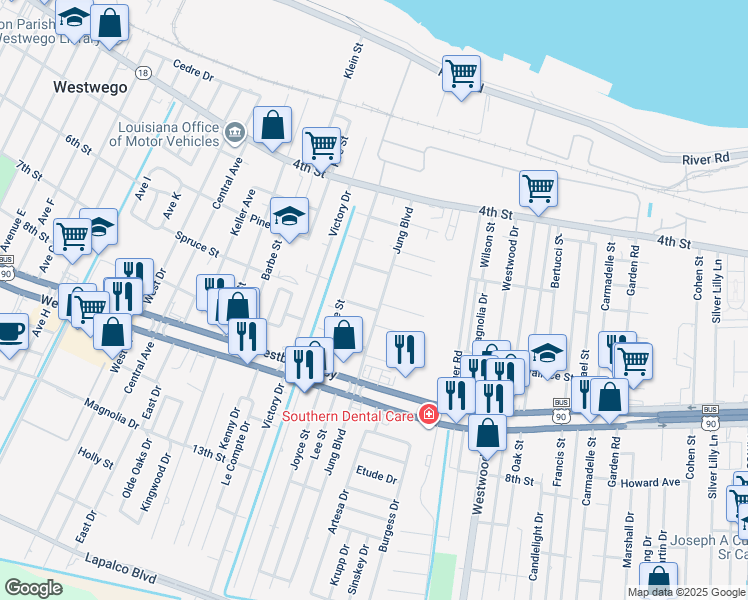 map of restaurants, bars, coffee shops, grocery stores, and more near 7508 Saint Anthony Street in Marrero