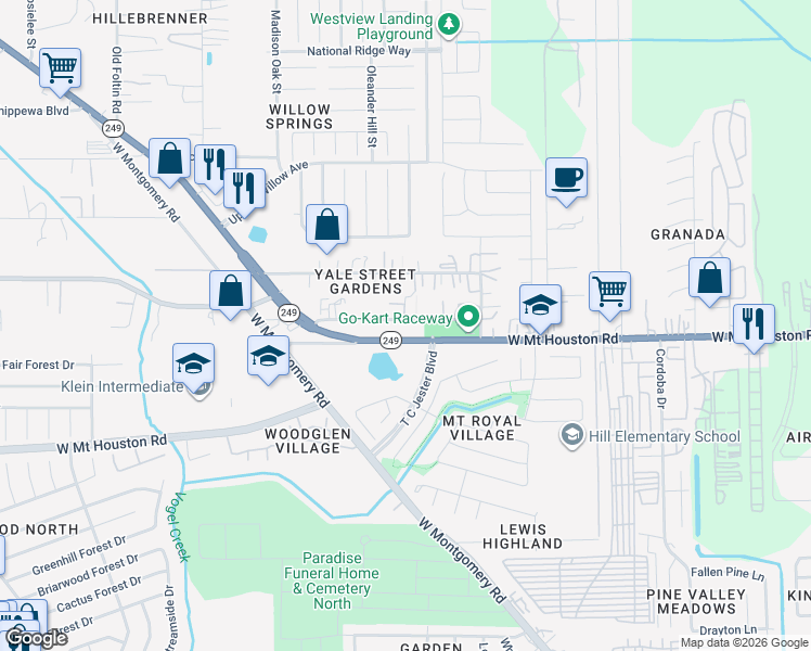 map of restaurants, bars, coffee shops, grocery stores, and more near 2846 West Mount Houston Road in Houston