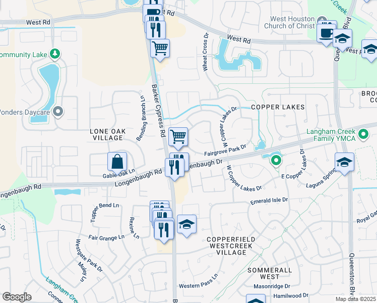 map of restaurants, bars, coffee shops, grocery stores, and more near 8211 Fairgrove Park Court in Houston