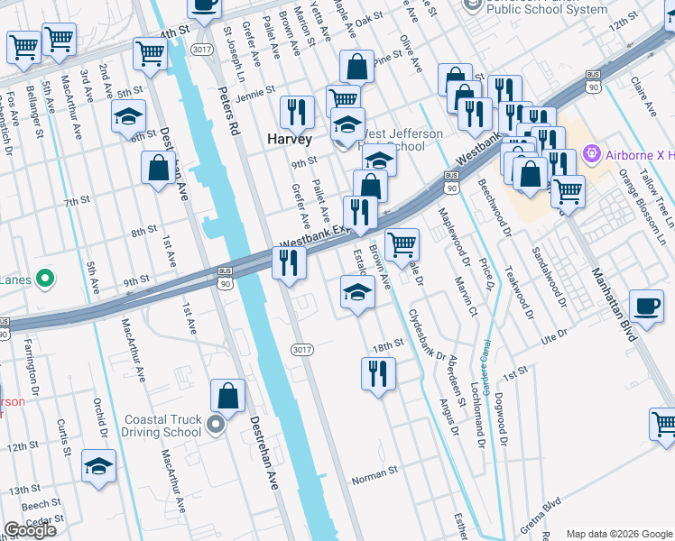 map of restaurants, bars, coffee shops, grocery stores, and more near 922 Pailet Avenue in Harvey
