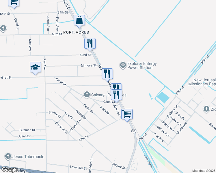 map of restaurants, bars, coffee shops, grocery stores, and more near 2100 Norma Street in Port Arthur