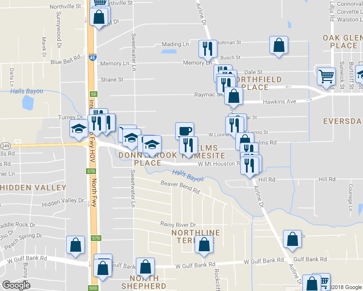 map of restaurants, bars, coffee shops, grocery stores, and more near 228 West Helms Road in Houston