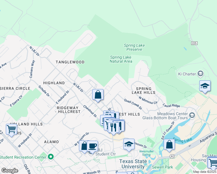 map of restaurants, bars, coffee shops, grocery stores, and more near 221 Ramsay Street in San Marcos