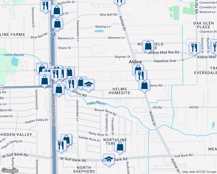 map of restaurants, bars, coffee shops, grocery stores, and more near 228 West Helms Road in Houston