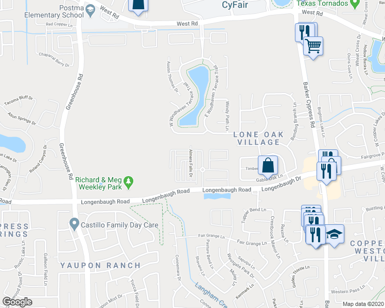 map of restaurants, bars, coffee shops, grocery stores, and more near 8234 Almera Falls Drive in Cypress