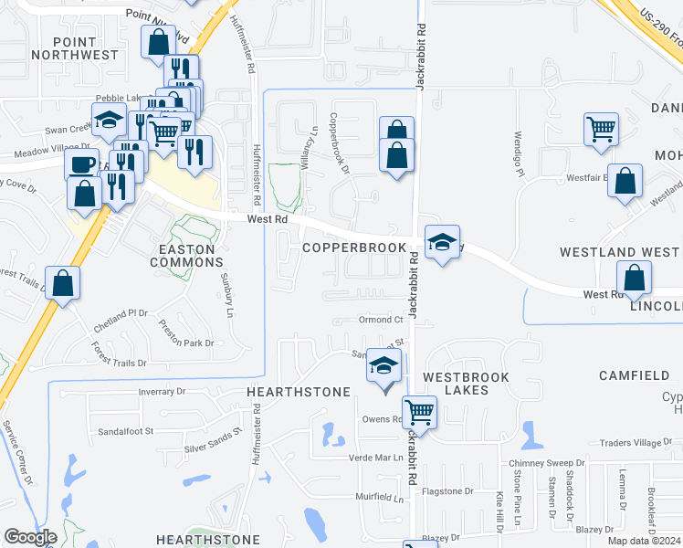 map of restaurants, bars, coffee shops, grocery stores, and more near 8315 Greys Lane in Houston