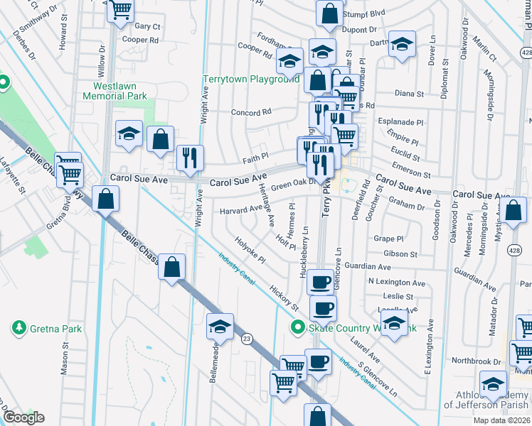 map of restaurants, bars, coffee shops, grocery stores, and more near 721 Hazel Place in Gretna