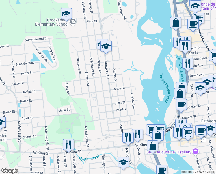 map of restaurants, bars, coffee shops, grocery stores, and more near 48 Masters Drive in St. Augustine