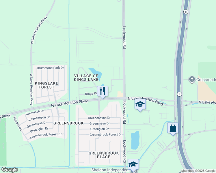 map of restaurants, bars, coffee shops, grocery stores, and more near 12427 Kings Path Lane in Houston