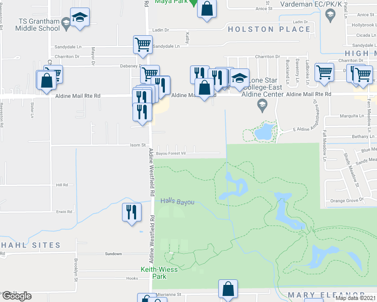 map of restaurants, bars, coffee shops, grocery stores, and more near 84 Bayou Forest Vil in Houston