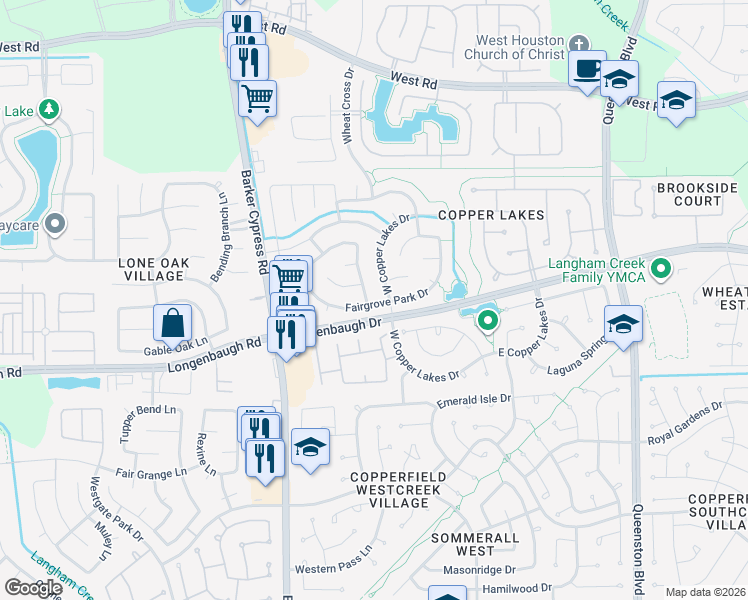 map of restaurants, bars, coffee shops, grocery stores, and more near 17503 Fairgrove Park Drive in Houston
