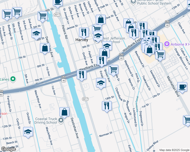 map of restaurants, bars, coffee shops, grocery stores, and more near 922 Pailet Avenue in Harvey